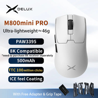 Безжична геймърска мишка Delux M800mini, ултралека 46g, PAW3395/PAW3311, 1KHz честота на опресняване, за PC геймъри с малка до средна ръка