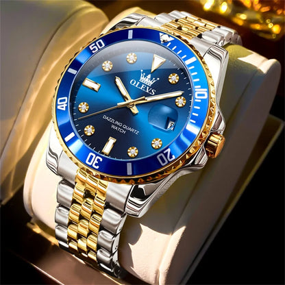 OLEVS herenhorloge – Luxe horloge, professionele stijl, waterdicht, met datumweergave, lichtgevende wijzers, roestvrijstalen kast en blauwe wijzerplaat – Kwartshorloge