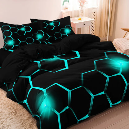 Conjunto de Capa de Edredão 3D Geométrica com Padrão Hexagonal em Favo de Mel, 3 Peças, Roupa de Cama em Poliéster Colorido com Impressão Digital e Fecho de Correr