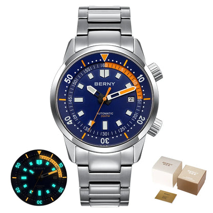 Relógio de mergulho BERNY para homem, automático mecânico, 200M impermeável, superluminoso, 42mm, safira, para natação e mergulho