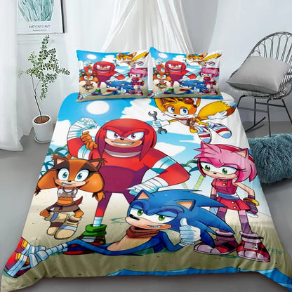3-Piece Duvet Cover Set – Sonic Cartoon Bedding Set – Duvet Cover for Kids and Teens – Gifts & Bedroom Decor King Queen