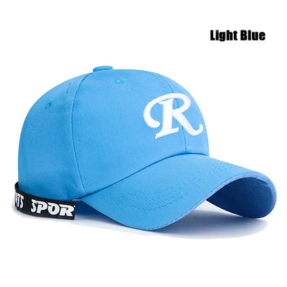 Casquette de baseball à visière rigide ajustable en coton brodé avec ruban en forme de lettre « R », casquette de soleil, casquette de camionneur, casquette hip-hop