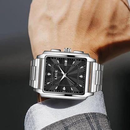 Reloj para hombre LIGE: estilo militar y moderno, caja cuadrada, cronógrafo de cuarzo, resistente al agua, marca de lujo