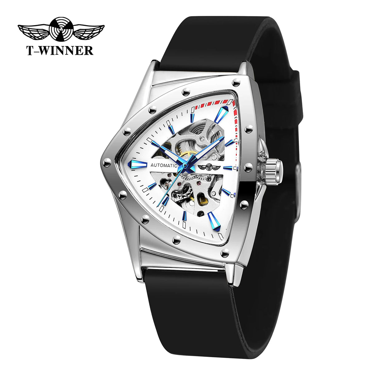 WINNER High Quality Watch for Men Triangle Steel Skeleton Mechanical Automatic Movement Clockwork Waterproof Rubber strap Wrist