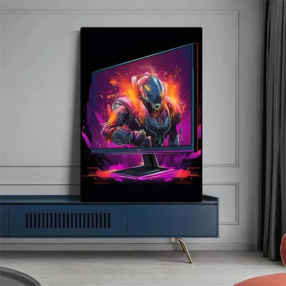 Pop-Neon-Poster mit Videospiel-Charakter, Gamepad, Kopfhörern, Fußball und Basketball – Leinwanddruck, Wandkunst-Dekor für das Gaming-Zimmer