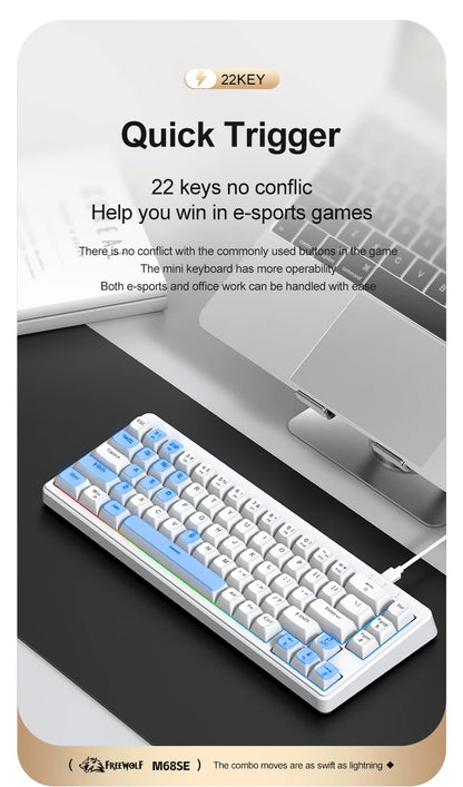 FREEWOLF M68SE Tastatur mit mechanischem Tippgefühl, 68 Tasten, Mini, kabelgebunden, kompakt und leise, für Laptops, Gaming und Bürogebrauch
