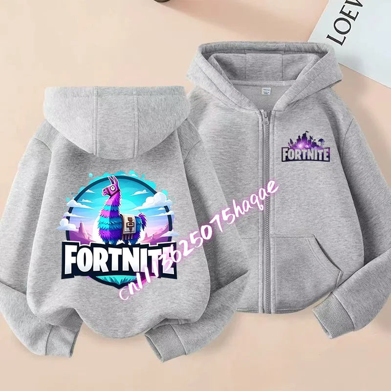 Novo hoodie infantil Fortnite com fecho de correr, estilo cartoon anime, casual e respirável, casaco para meninos, primavera 2026, roupa para criança