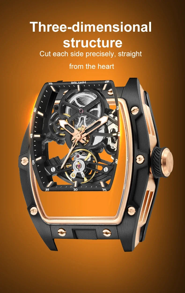 MEGIR MG-2242G Men’s Automatic Mechanical Watch  Skeleton Barrel Case, Luminous Hands & Silicone Strap