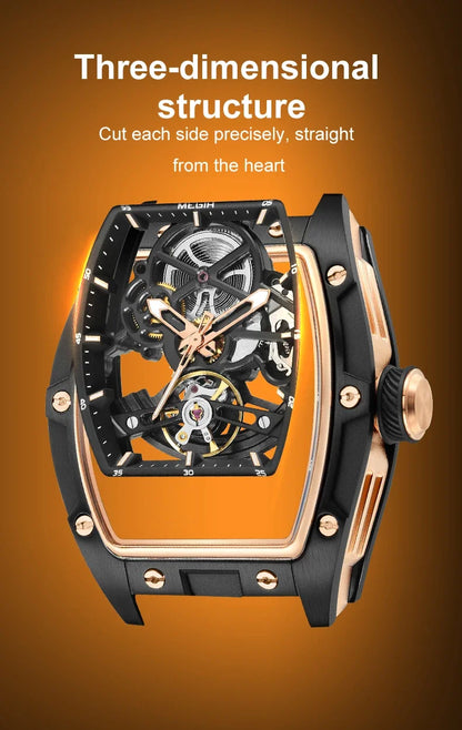 MEGIR MG-2242G Men’s Automatic Mechanical Watch  Skeleton Barrel Case, Luminous Hands & Silicone Strap