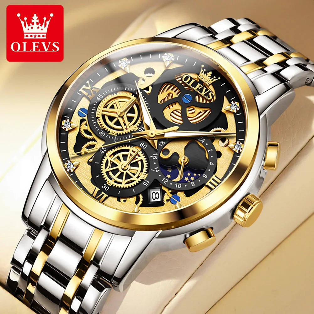 OLEVS men’s watch – Luxury model, water-resistant, quartz, skeletonised style, 24-hour display (day/night), gold colour
