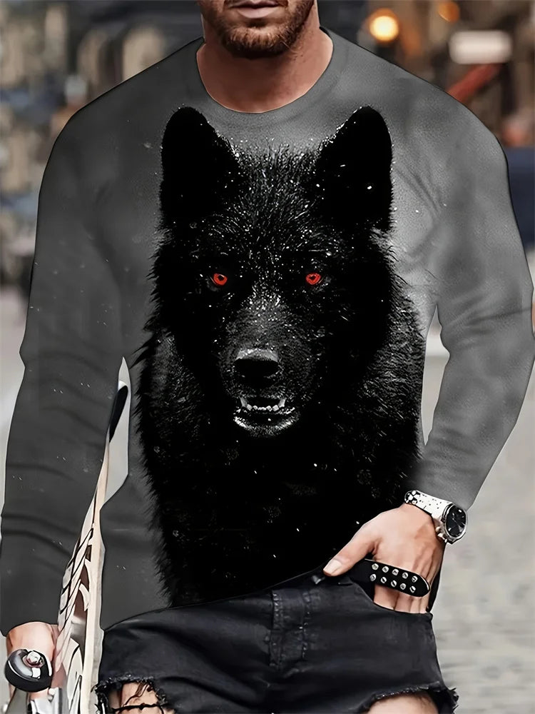 2024 New Wolf Print Men's Long Sleeve T-shirt Spring And Autumn Men's Daily Casual Shirt Street Fashion Men's Long Sleeve T-shir
