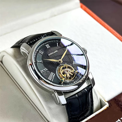 Automatikus mechanikus férfi karóra – Elegáns, áttört kialakítás, divatos „business casual” stílus, ötvözetből készült tok és bőr karkötő, elem nélkül