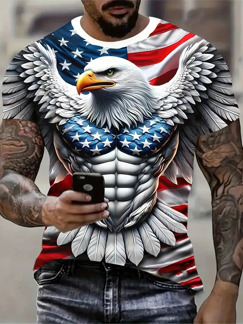 Neues cooles T-Shirt für Herren mit Adler-Motiv, 3D-Print, Flammenadler, sommerliche Streetwear, trendiges Kurzarmshirt, Herren-Tops