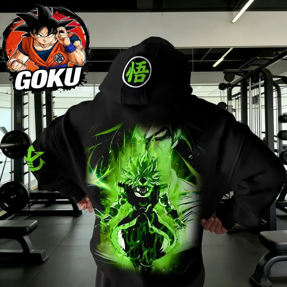 Retro gym mikina s kapucí Dragon Ball Podzim/Zima 2026, 100% bavlna, zelený potisk Broly, oversized fitness streetwear pro muže a ženy