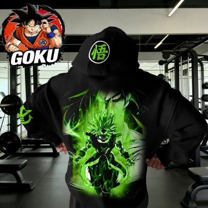 Retro gym mikina s kapucí Dragon Ball Podzim/Zima 2026, 100% bavlna, zelený potisk Broly, oversized fitness streetwear pro muže a ženy