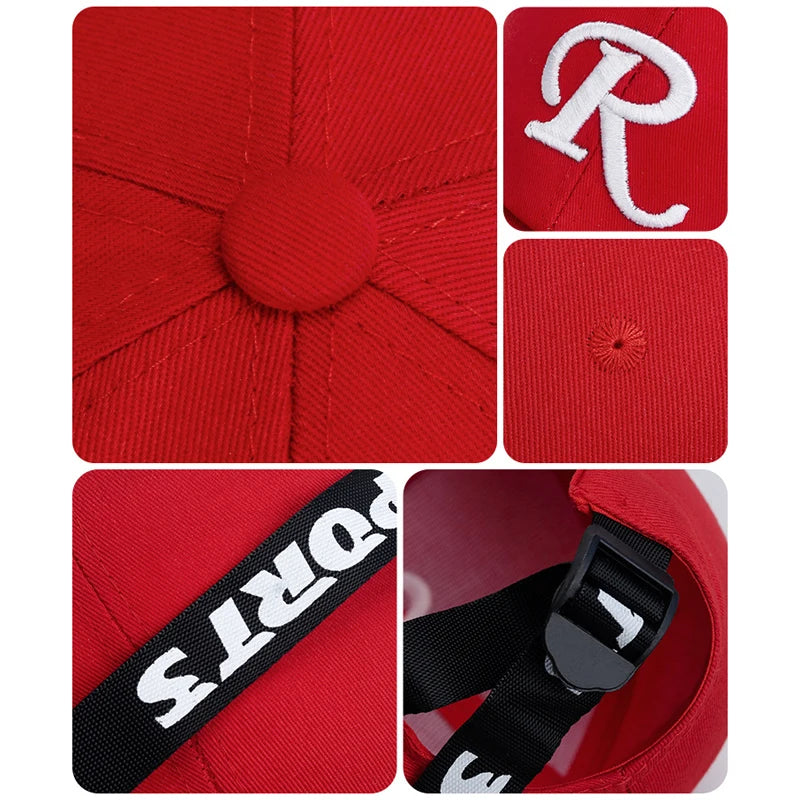 Casquette de baseball à visière rigide ajustable en coton brodé avec ruban en forme de lettre « R », casquette de soleil, casquette de camionneur, casquette hip-hop