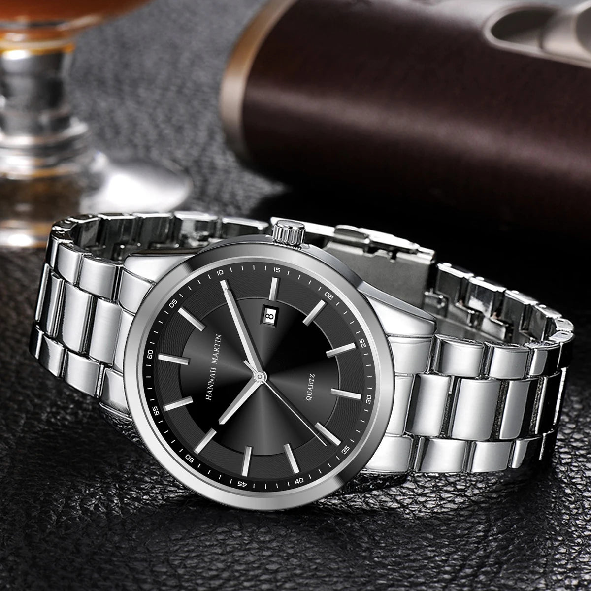 Reloj de cuarzo HANNAH MARTIN, 40 mm, para hombre, correa de acero inoxidable negro, resistente al agua hasta 3 bares, estilo deportivo-elegante