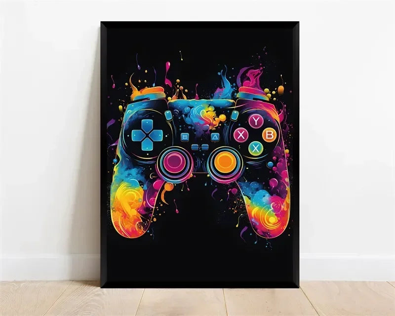 Pop-Neon-Poster mit Videospiel-Charakter, Gamepad, Kopfhörern, Fußball und Basketball – Leinwanddruck, Wandkunst-Dekor für das Gaming-Zimmer