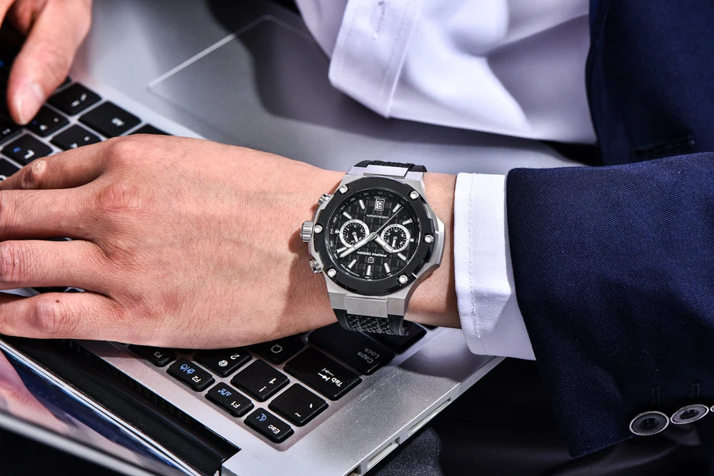 Křemenné pánské hodinky PAGANI DESIGN – luxusní sportovní chronograf, vodotěsný, s luminiscenčními ručičkami a safírovým sklem s antireflexní úpravou