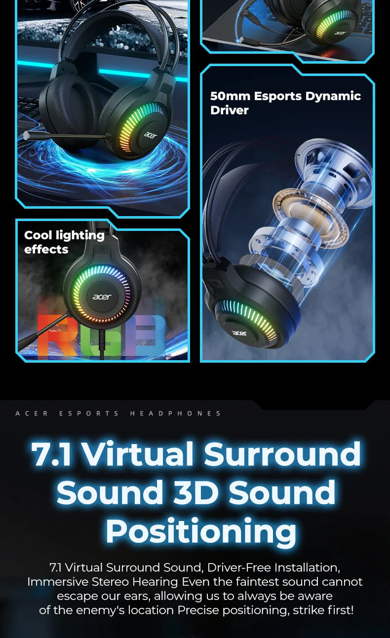Auricolari gaming cablati RGB con microfono – Cuffie gaming con suono surround a bassa latenza, illuminazione RGB d’effetto, isolamento acustico e vestibilità confortevole