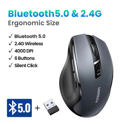 UGREEN kabellose Maus Bluetooth 5.0, ergonomische Maus 4000DPI mit 6 leisen Tasten, für MacBook, Tablet, Laptops, Computer, PC, 2.4G-Maus
