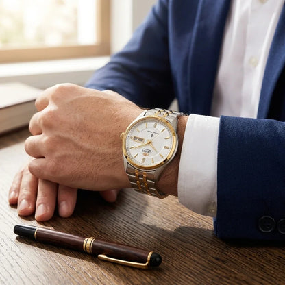Mekanisk automatisk herrklocka från Orient, med dubbel kalender (datum och veckodag), kristallindex och armband i rostfritt stål – Armbandsur i affärsstil
