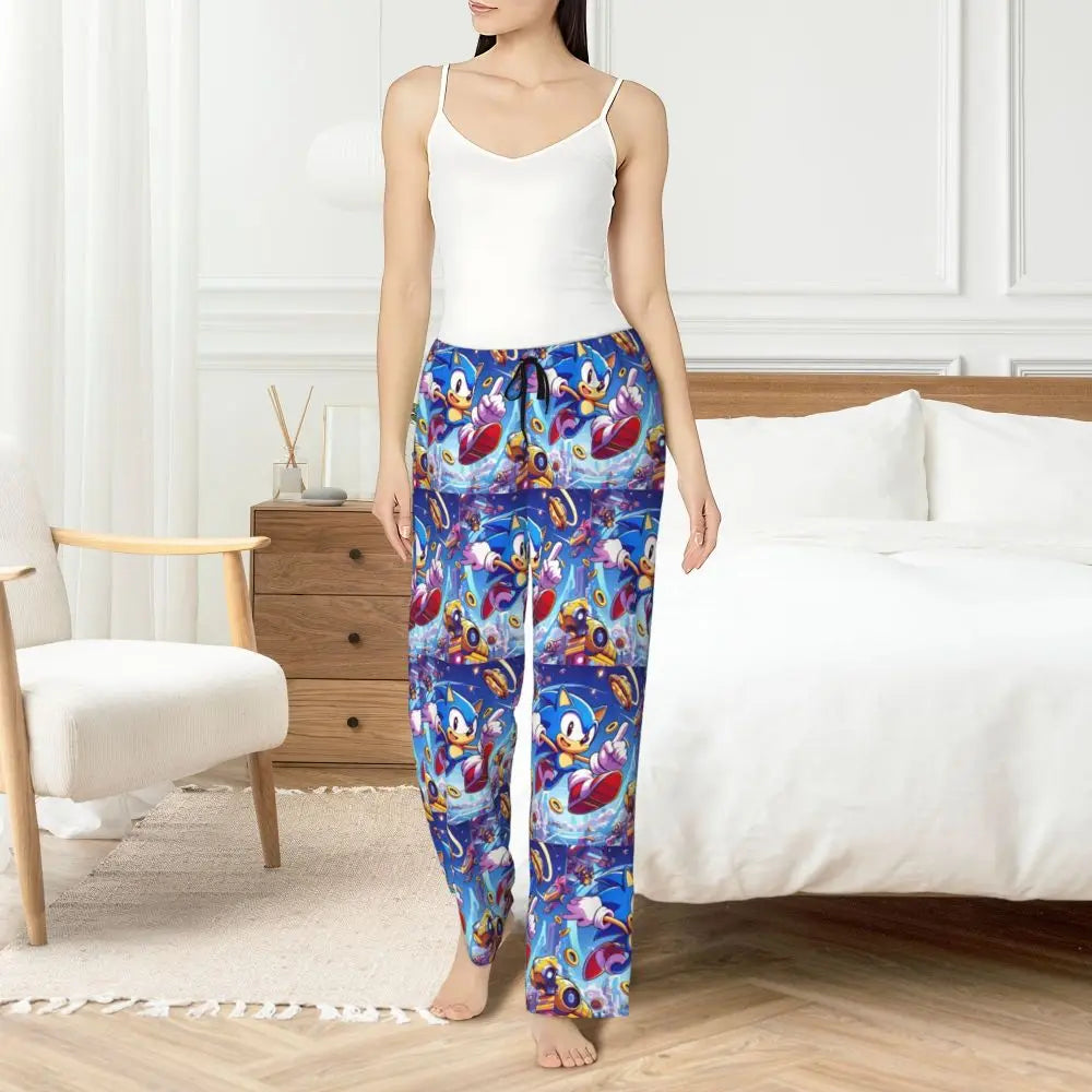 Custom Printed Womens Soniced Pajama Pants Hedgehog Game Sleepwear Sleep Lounge Bottoms with Pockets