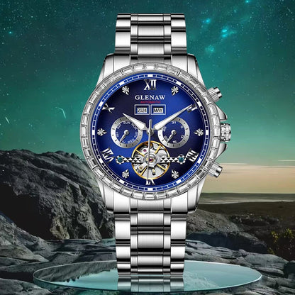 GLENAW multifunction mechanical watch – Men’s model, business and casual style, stainless steel bracelet, water-resistant, with date display – Luxury watch