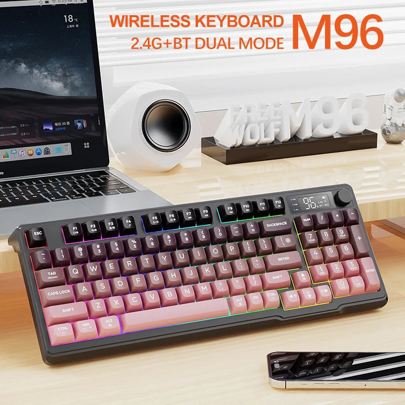 M96 Bluetooth-Tastatur Kabellose FREEWOLF Bildschirm-Gaming-Tastatur, elektronischer Bildschirm, Multi-Device-Verbindung, ergonomisches Gaming