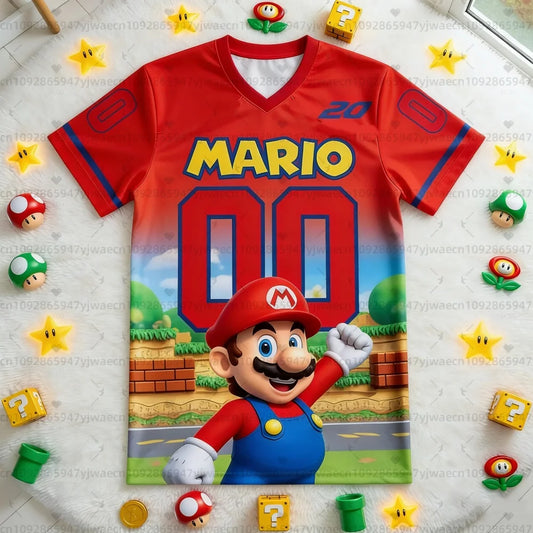 2026 New Super Mario 3D Printed V-Neck T-Shirt, Casual Summer Short Sleeve Cosplay Graphic Tee, Fashion Top for Kids and Adults