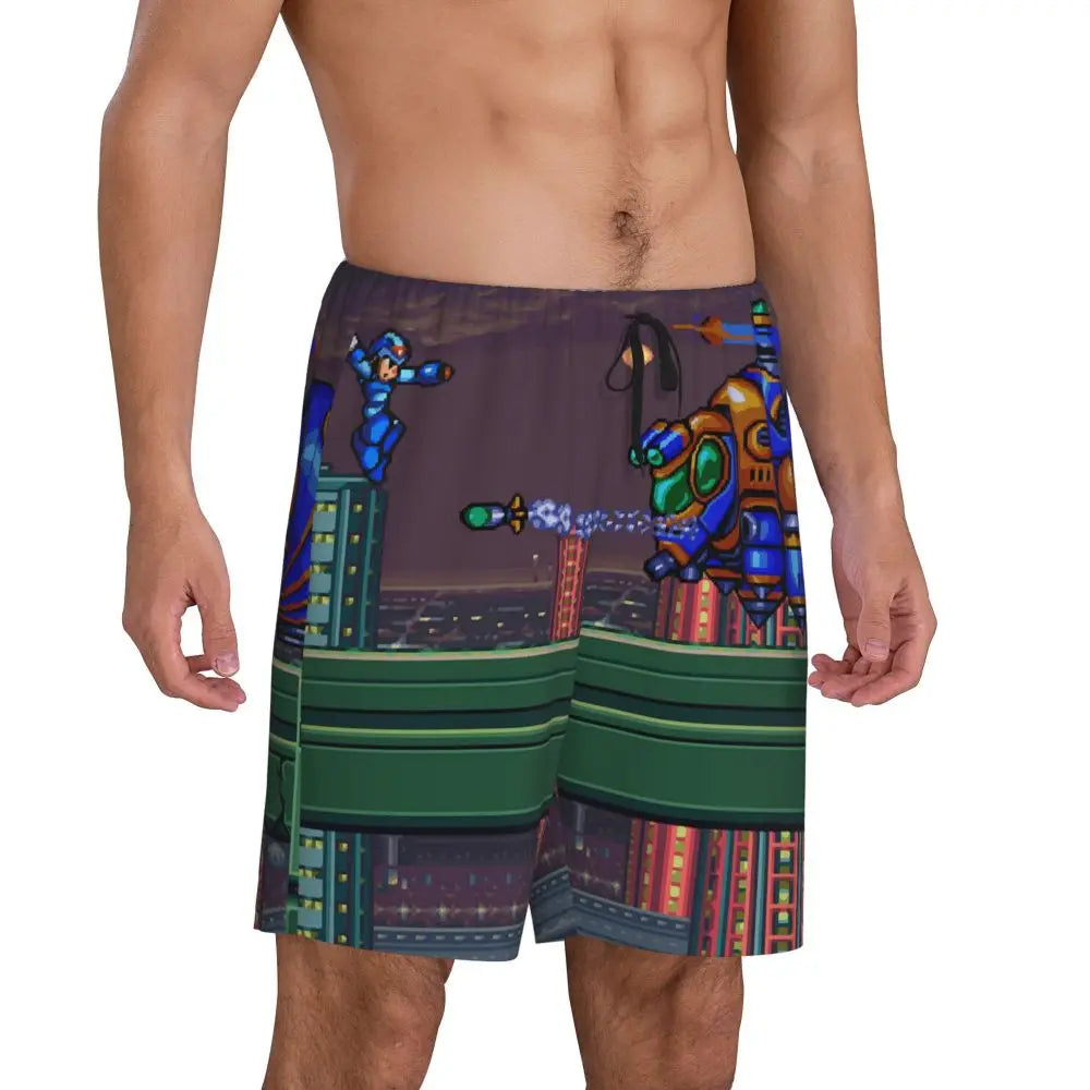 Custom Megaman Video Game Mega Man Short Pajama Pants Men Sleepwear Sleep Lounge Bottom Shorts Sleeping Pants