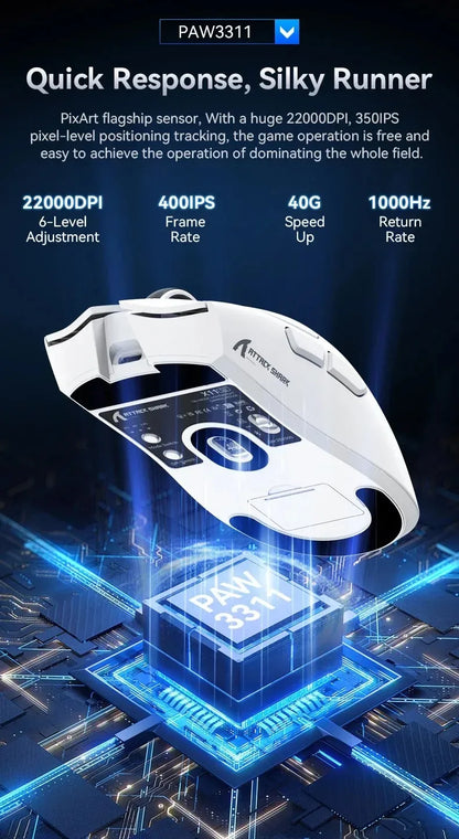 ATTACK SHARK X11SE ultralet trådløs gamingmus, 20Million cyklusser levetid, PAW3311 Gaming, 22KDPI, 400IPS, 40G, 1KHz, 65 timer, 30mAH