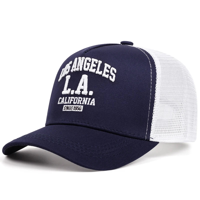 „LOS ANGELES“ išsiuvinėta vyriška ir moteriška lauko sporto renginių kepurė, amerikietiško stiliaus „trucker“ tinklinė kepurė, madinga