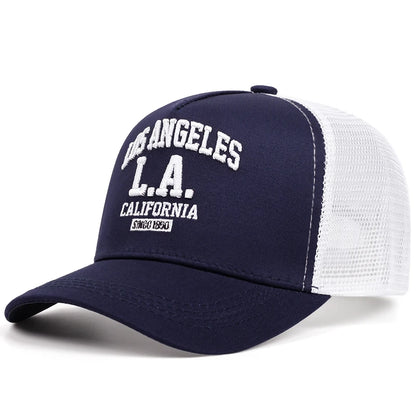 „LOS ANGELES“ išsiuvinėta vyriška ir moteriška lauko sporto renginių kepurė, amerikietiško stiliaus „trucker“ tinklinė kepurė, madinga