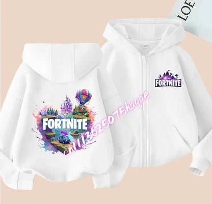 Casacos com capuz e fecho para criança Fortnites, sweatshirts Anime Fortress Night, sweatshirts gaming de primavera/outono, roupa desportiva infantil, presente