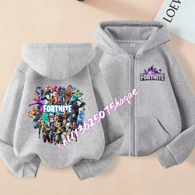 Casacos com capuz e fecho para criança Fortnites, sweatshirts Anime Fortress Night, sweatshirts gaming de primavera/outono, roupa desportiva infantil, presente
