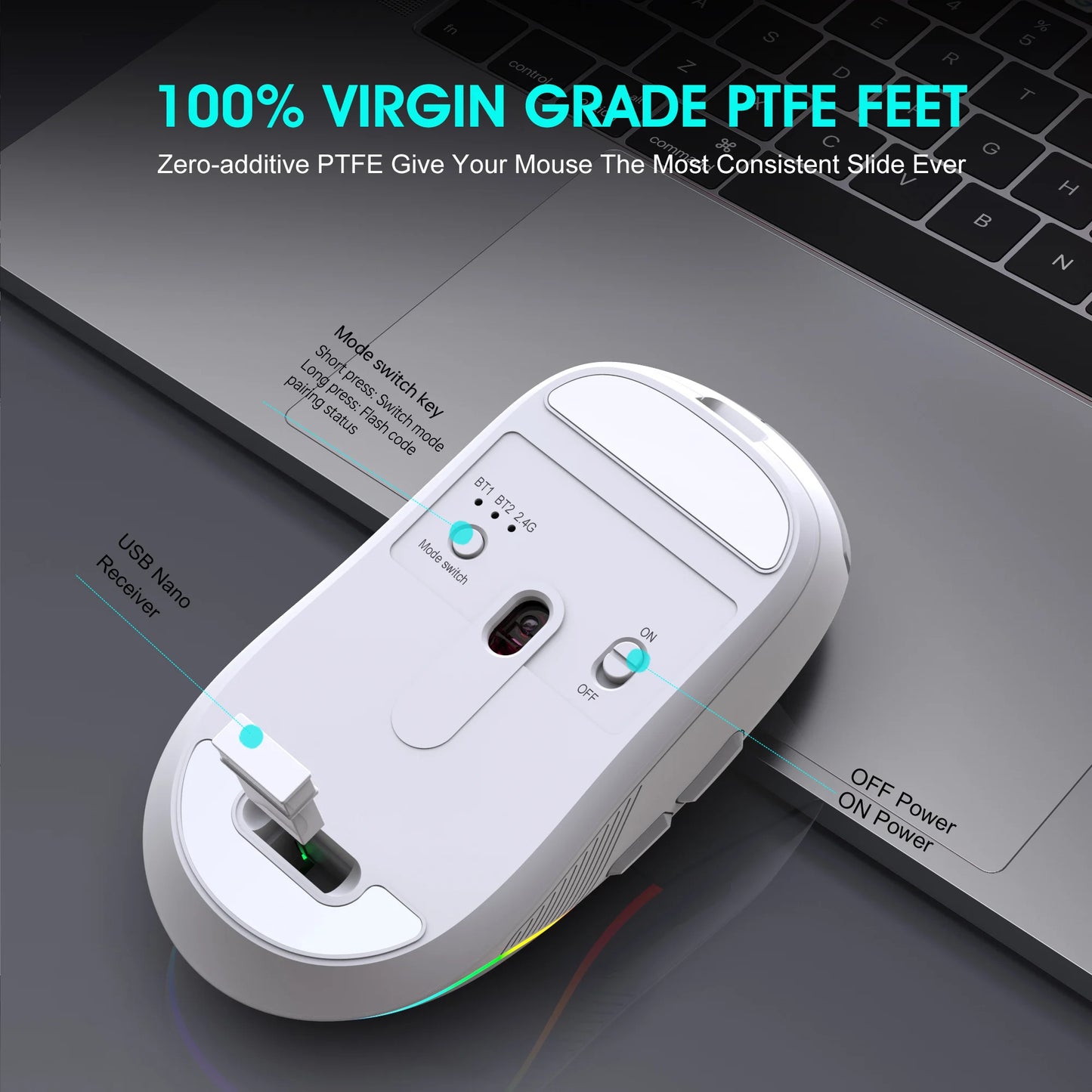 Mouse tri-mode 2.4G wireless/Bluetooth/cablato, DPI regolabile a 6 livelli, batteria da 500mAh, illuminazione RGB, macro per gaming e esports, mouse da ufficio
