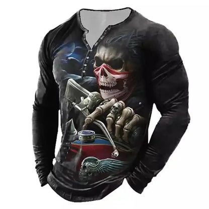 Autumn Skull Henley Shirt 3D Print Streetwear Men's Fashion Vintage Long Sleeve Button T Shirt Men's T Shirt Tops Clothing
