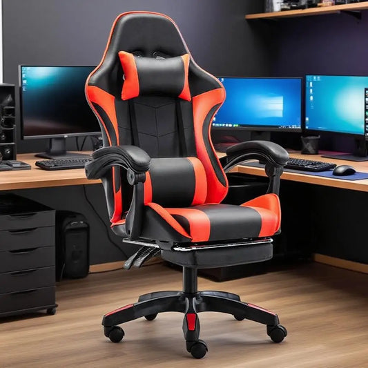 Gaming Chair with Lumbar Soft Pillow Support and Adjustable Height Footrest, an Ergonomic Computer Gaming Chair.