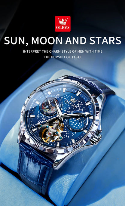 OLEVS Men’s Flywheel Skeleton Automatic Watch Starry Sky Dial, Luminous Mechanical Movement & Waterproof Business Wristwatch