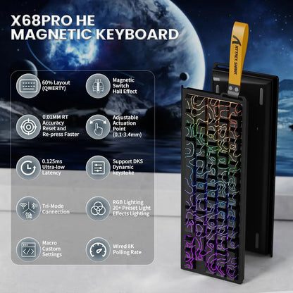 ATTACK SHARK X68PRO HE 60% Wireless Rapid Trigger Gaming Keyboard,Adjustable Actuation,8K,Hall Effect Magnetic Switch,Tri-mode