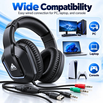 Casque de jeu D3, casque stéréo filaire à porter sur l’oreille, confortable, sans microphone, pour PC, ordinateur portable, écoute de musique et jeux.