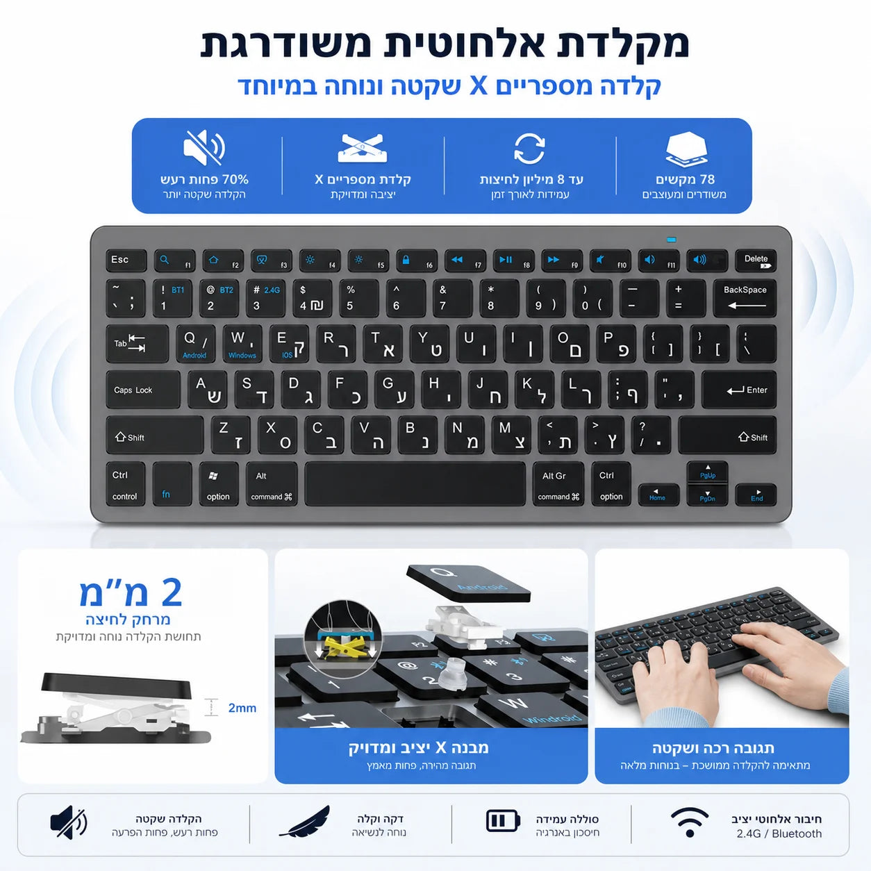 Teclado hebraico ultrafino Bluetooth e 2.4G de modo duplo Israel sem fios, silencioso, para iOS, iPad, tablets Android e Windows