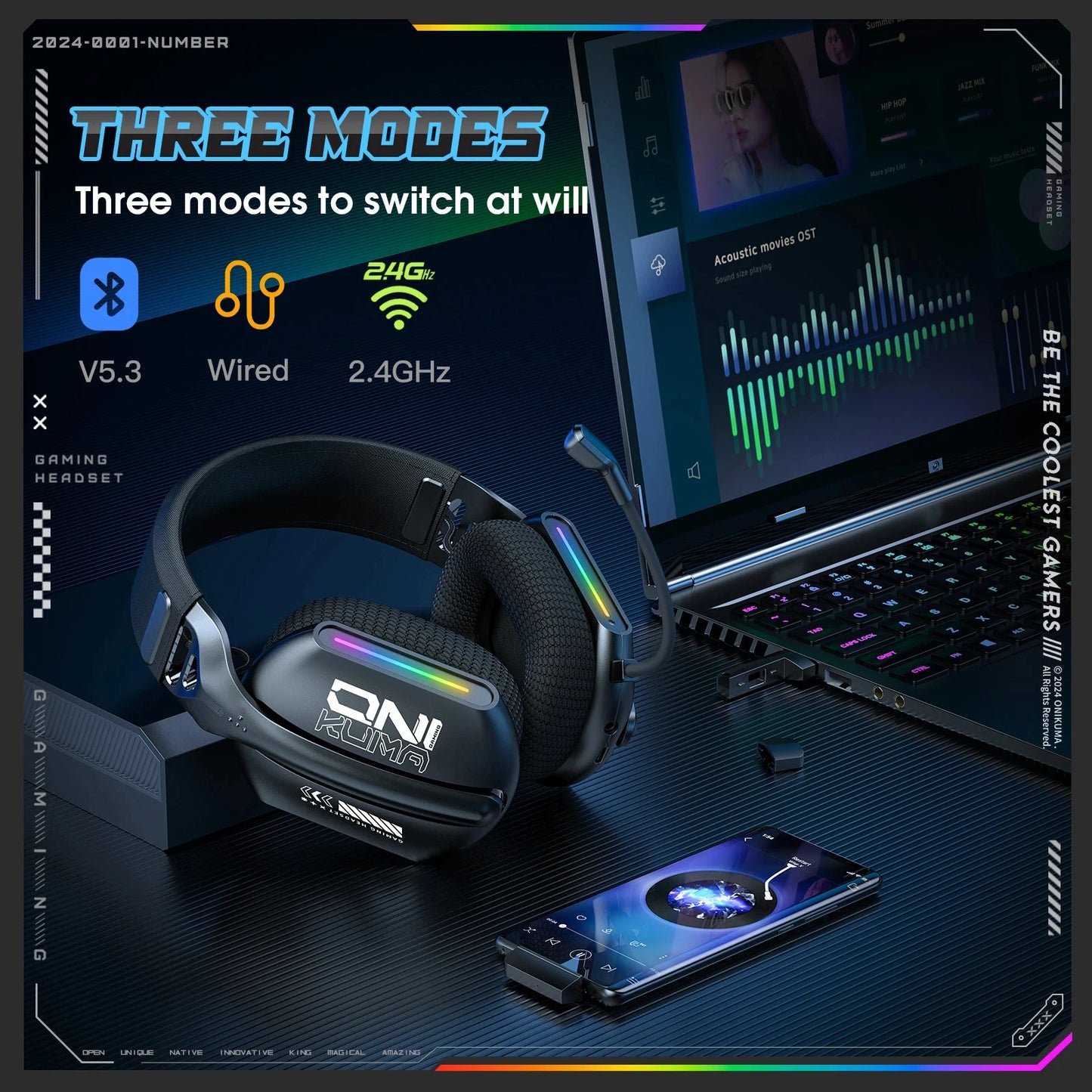 Auriculares gaming inalámbricos ONIKUMA GT828 Bluetooth 5.3 RGB con micrófono, cancelación de ruido y conexión de 4 modos para PC, PS5 y portátil