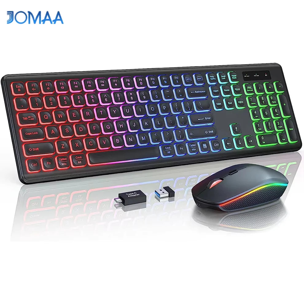 Kabellose Tastatur-Maus-Kombination mit RGB-Hintergrundbeleuchtung, wiederaufladbaren beleuchteten Tasten, Full-Size-Format, ergonomischem Design, Schlafmodus, 2.4GHz