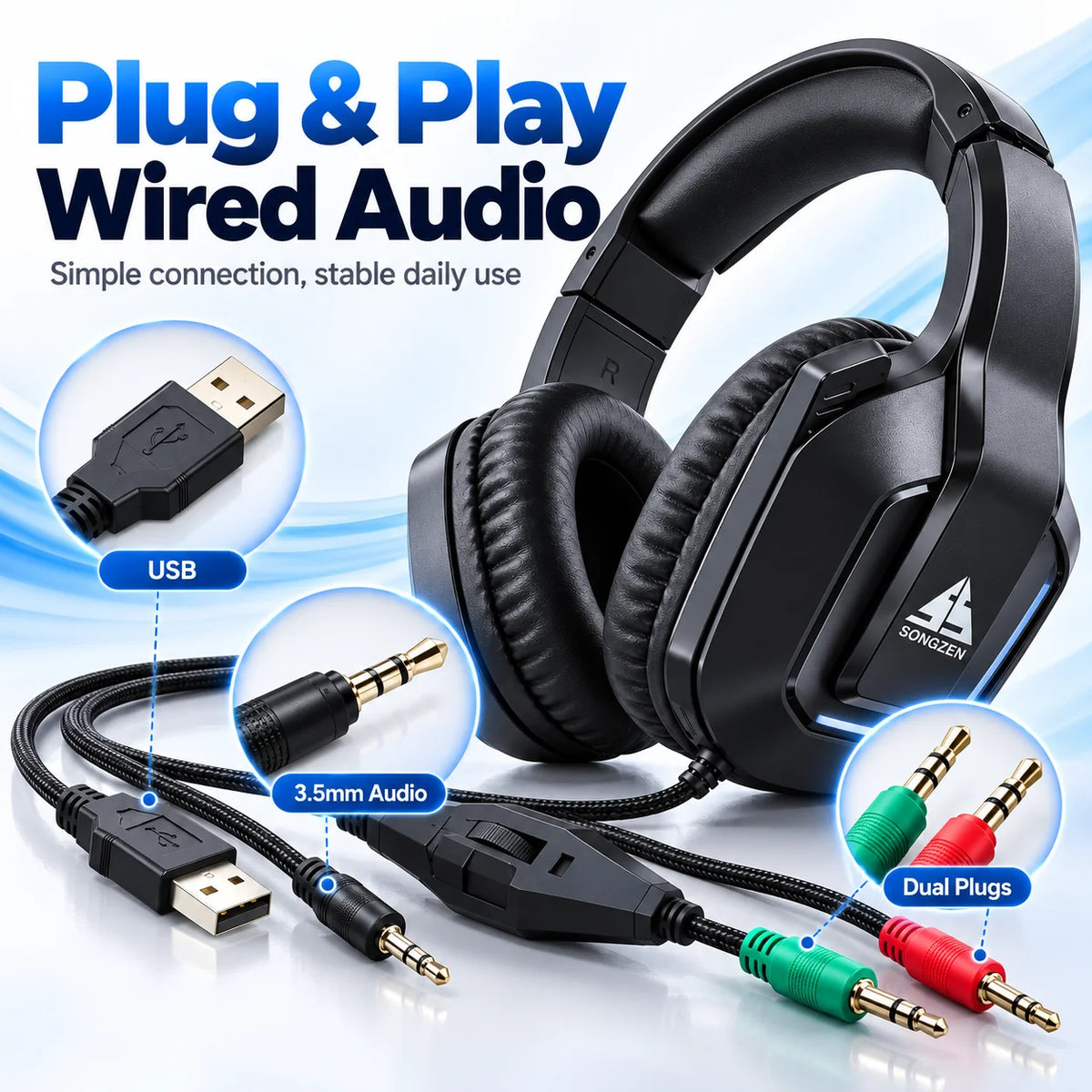 Casque de jeu D3, casque stéréo filaire à porter sur l’oreille, confortable, sans microphone, pour PC, ordinateur portable, écoute de musique et jeux.