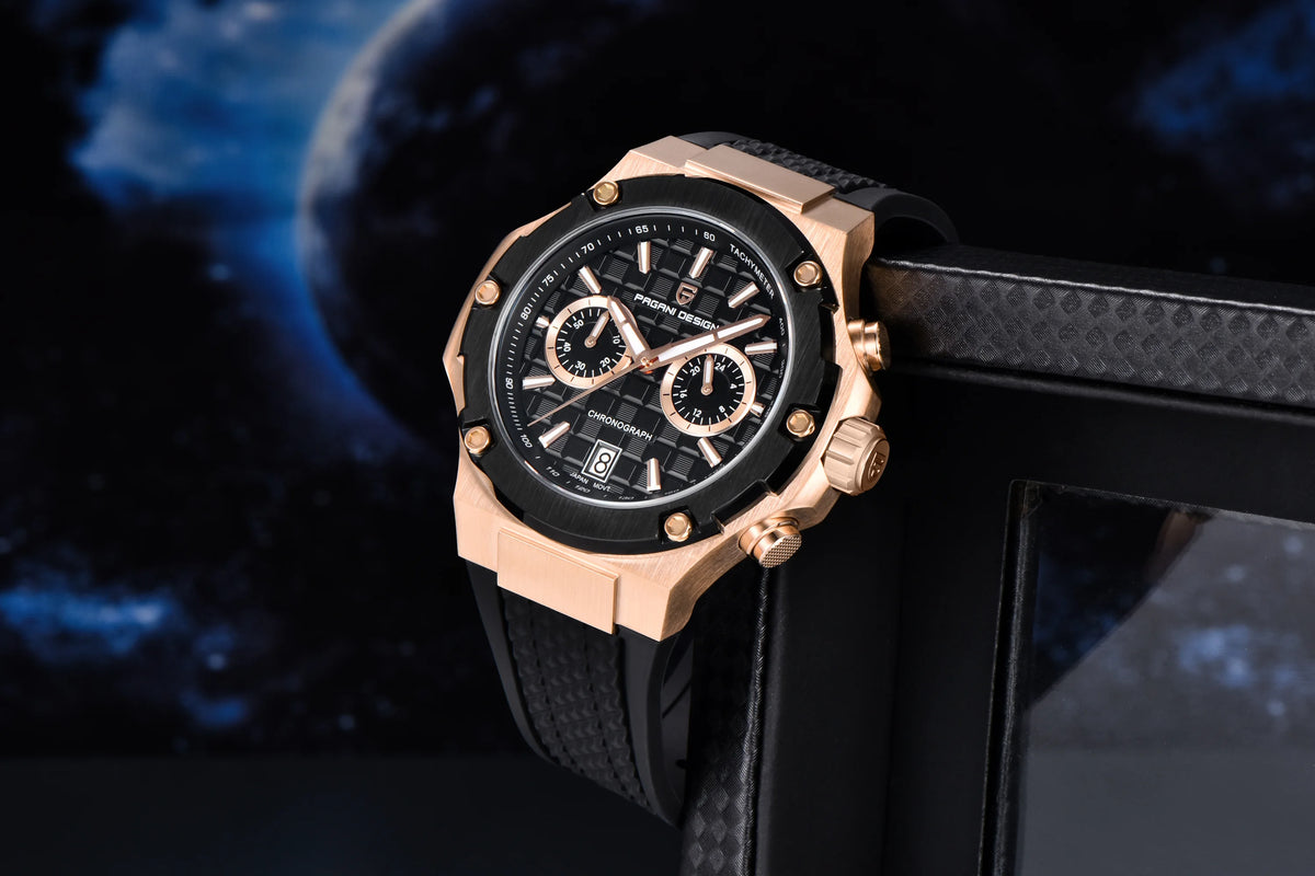 PAGANI DESIGN Men's Watches Luxury Rose Gold Sport Chronograph Japan VK64 Quartz Watch For Men Fluororubber Strap Wristwatch Men