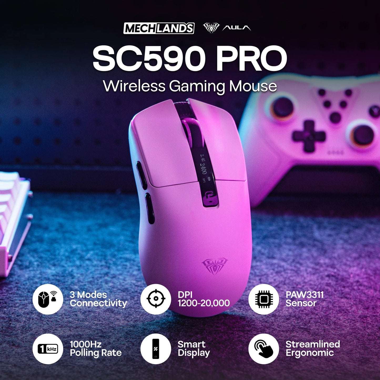 AULA SC590 PRO kablet/Bluetooth/2.4GHz trådløs gamingmus 20000 DPI og PAW3311-sensor med 1000 polling rate til Win/Mac/gaming