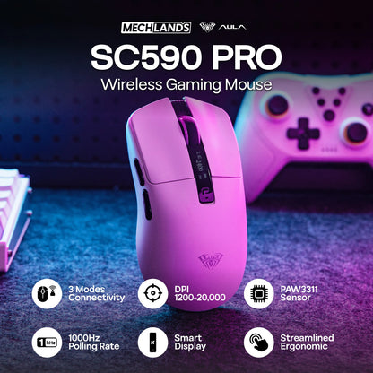AULA SC590 PRO kablet/Bluetooth/2.4GHz trådløs gamingmus 20000 DPI og PAW3311-sensor med 1000 polling rate til Win/Mac/gaming