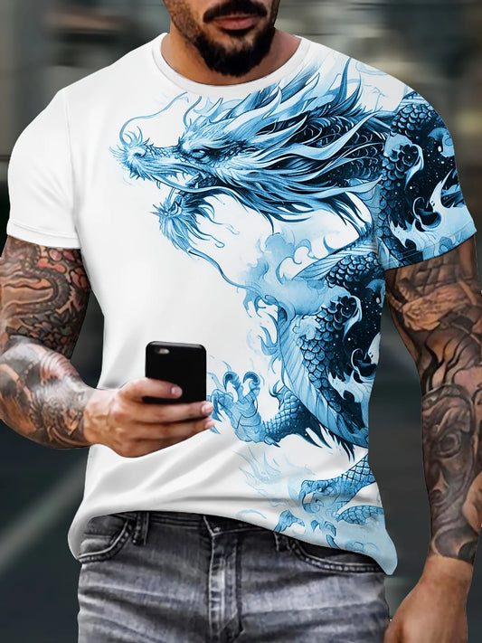 Miesten Dragon-kuvioitu T-paita, rento hengittävästä kankaasta valmistettu graafinen tee, street style -ulkomuotipaita, lyhythihainen paita miehille